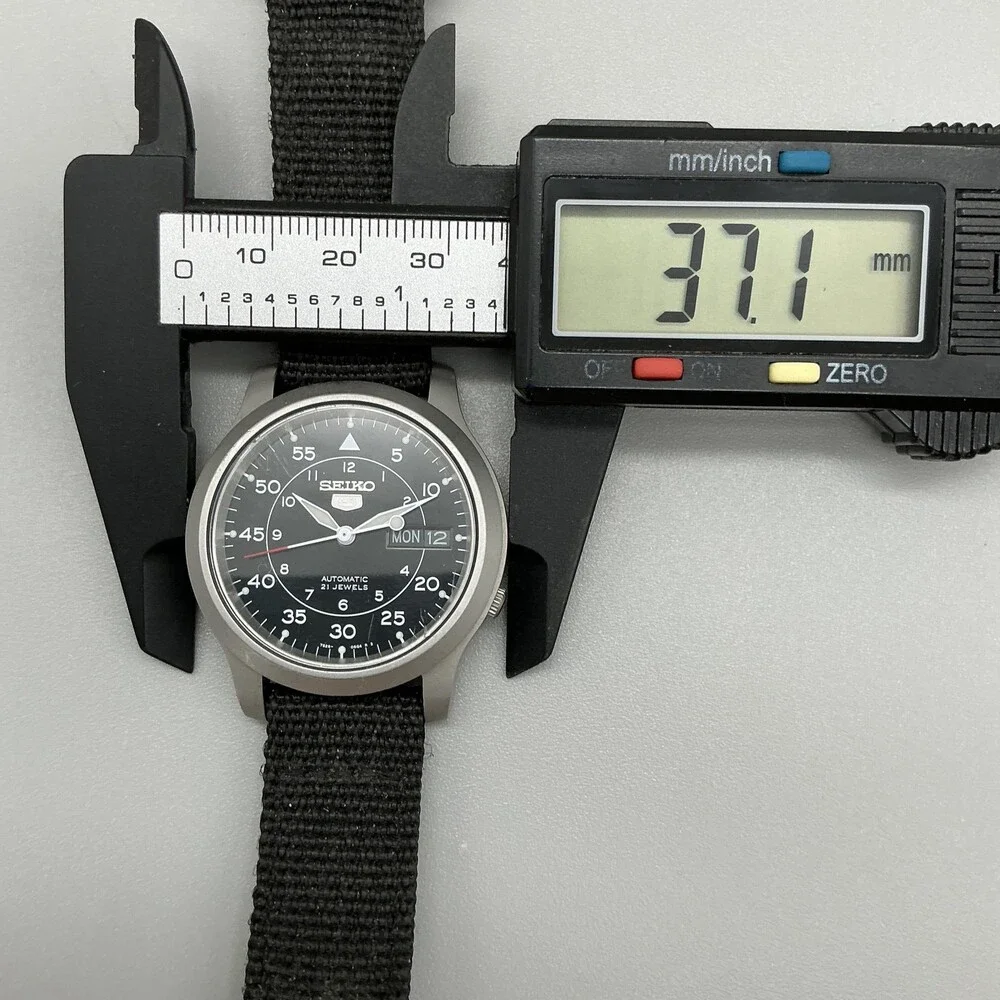 Seiko 5 Automatic Mens Watch 37mm Black Dial Nylon Strap Day Date 7S26-02J0
